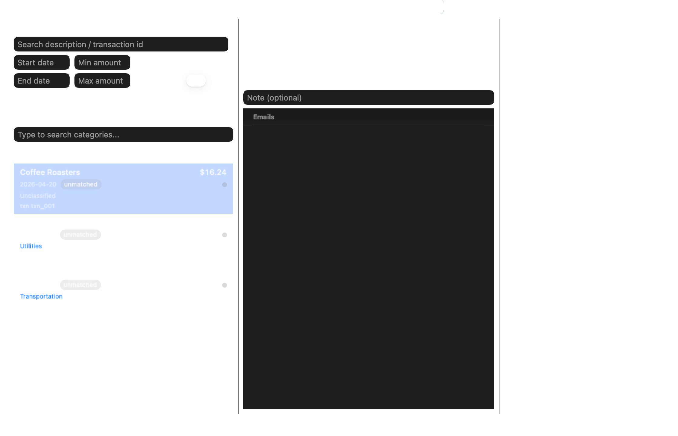 Eggnest Match & Classify view showing transactions, email receipts, and category assignment